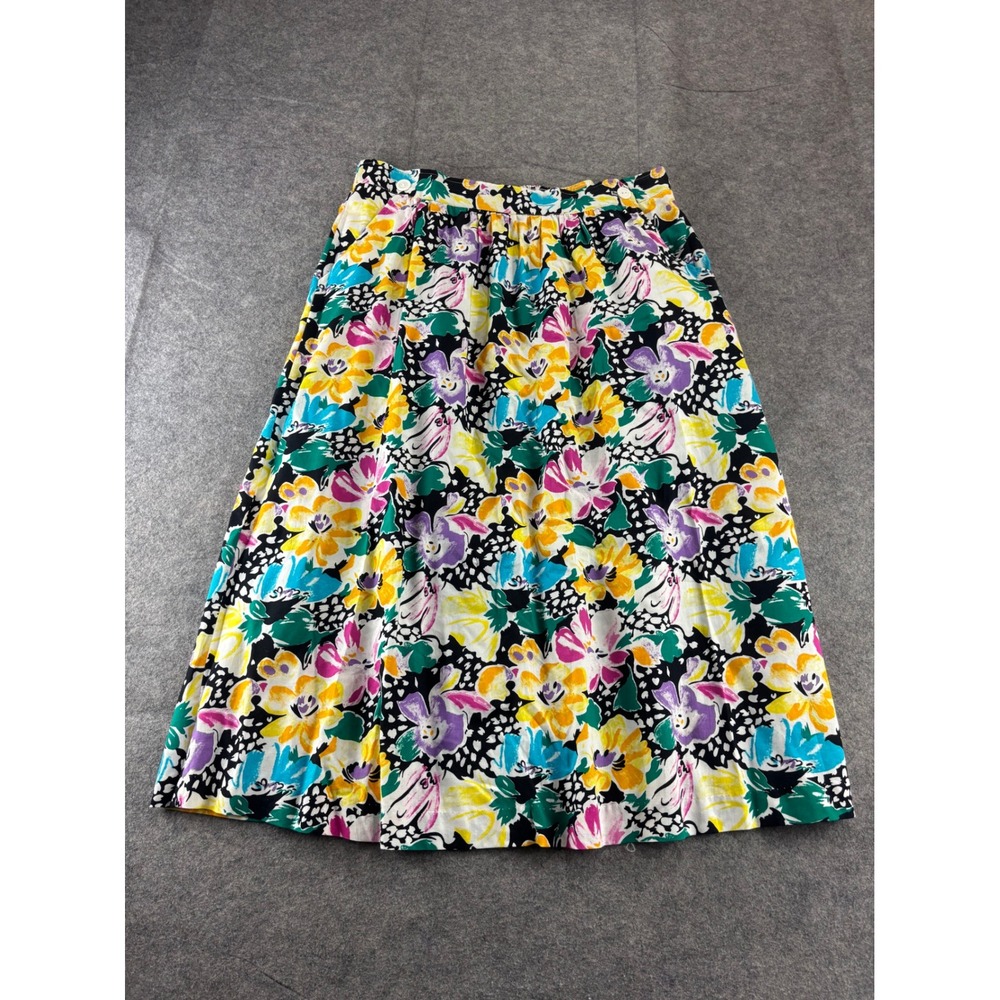 Avanti Vintage Floral Midi Skirt Multi-Color Elastic Waist A-Line Retro Large